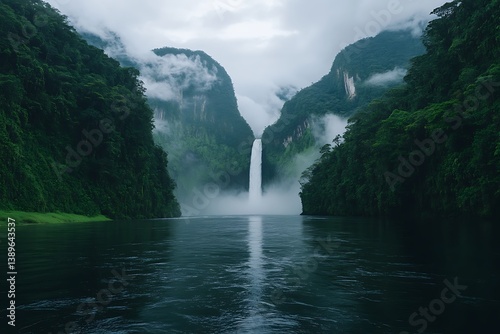 A majestic waterfall cascades down between large forested mountain ranges