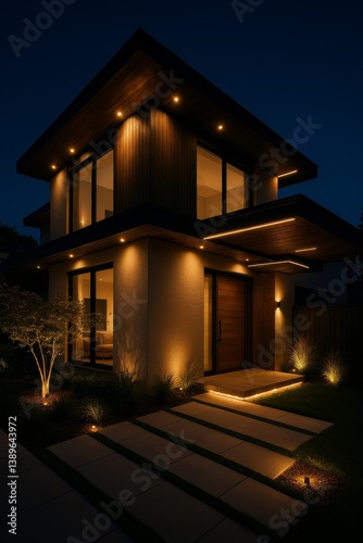 Modern House Illuminated at Night Showcasing Sleek Architecture and Warm Ligh...