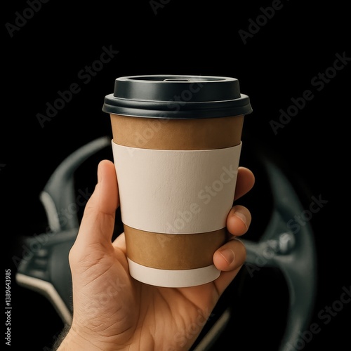 Hand Holding a Coffee Cup in a Vehicle With a Visible Steering Wheel Background