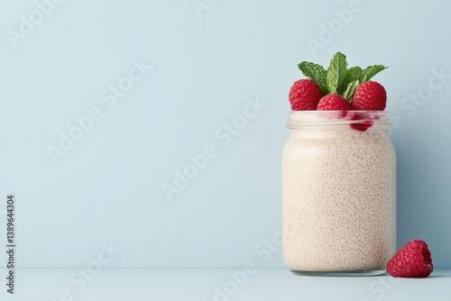 Creamy smoothie in glass jar garnished with fresh raspberries an