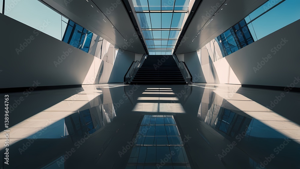 Fototapeta premium Modern office building with business people walking through an airport corridor