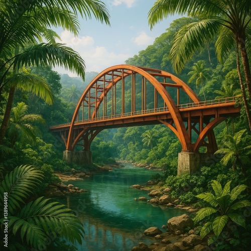 Beautiful Bridge Arches Over a Serene River Surrounded by Lush Tropical Foliage