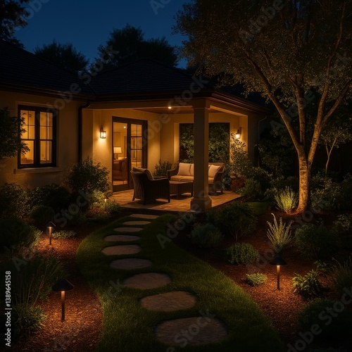 Cozy Evening Patio Ambiance With Warm Lights and Lush Garden Features