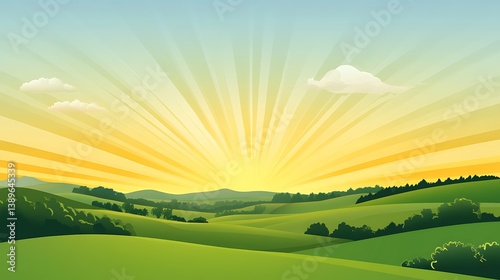 Idyllic sunrise over rolling green hills and mountains.