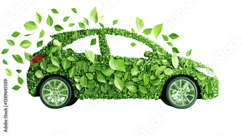 Conceptual eco friendly electric car design with a body made from green leaves symbolizing sustainability and renewable energy sources