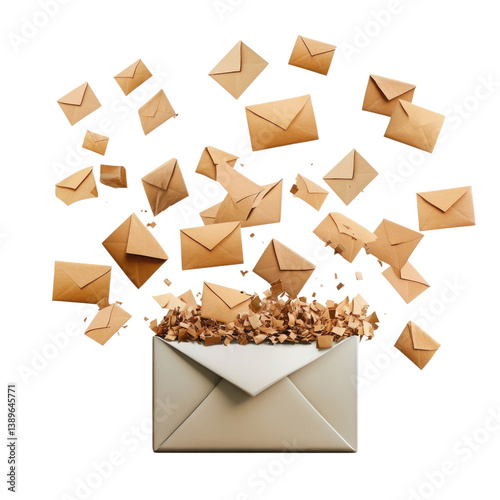 Brown envelopes bursting from a white envelope with shredded paper scattered around, isolated on transparent background, cutout png