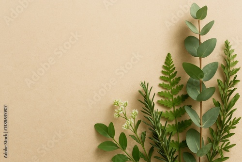 Fresh Green Herbs and Leaves Arranged on a Light Background for Creative Proj...