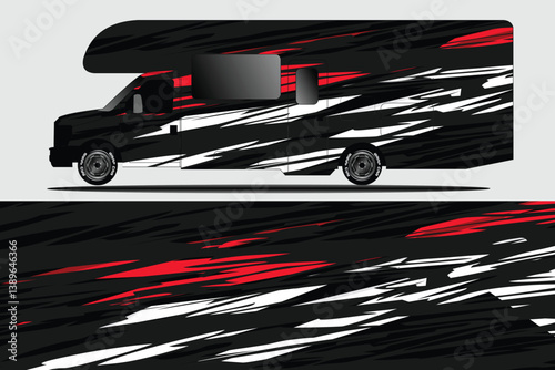 Sleek black and red RV design with dynamic graphics, showcasing modern travel aesthetics