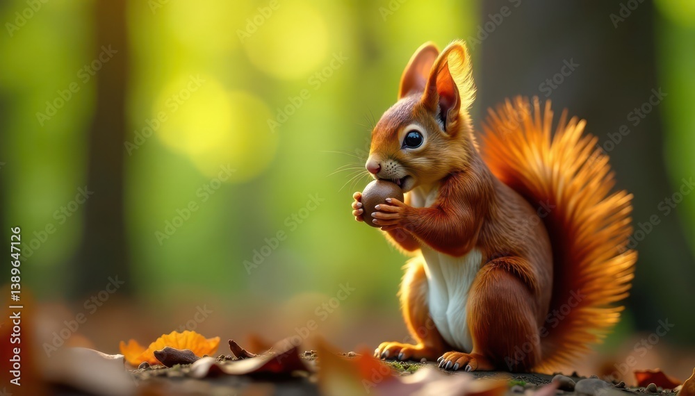 Red fluffy squirrel, nut in mouth, vibrant forest setting, brown, ecology, nature photography Red fluffy squirrel, nut in mouth, vibrant forest setting, brown, ecology, nature photography