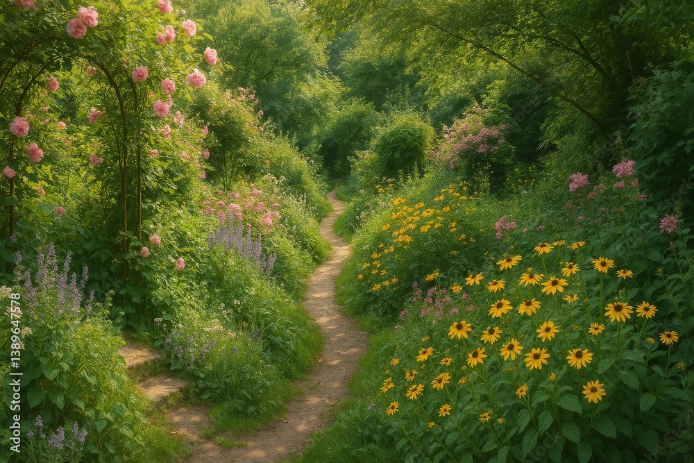 Fototapeta premium Serene Garden Path Winding Through Vibrant Flowers and Lush Greenery in Early Summer