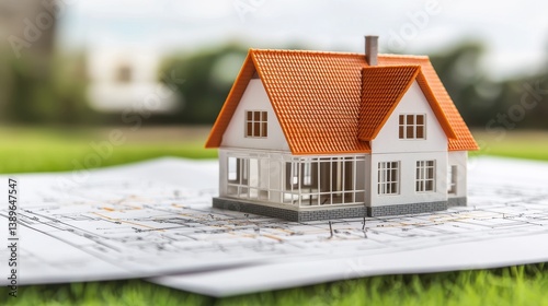 Small Model House on Architectural Blueprint Surrounded by Green Grass in Natural Light