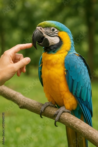 Colorful Macaw Interacts With Human in a Lush Green Setting During Daytime
