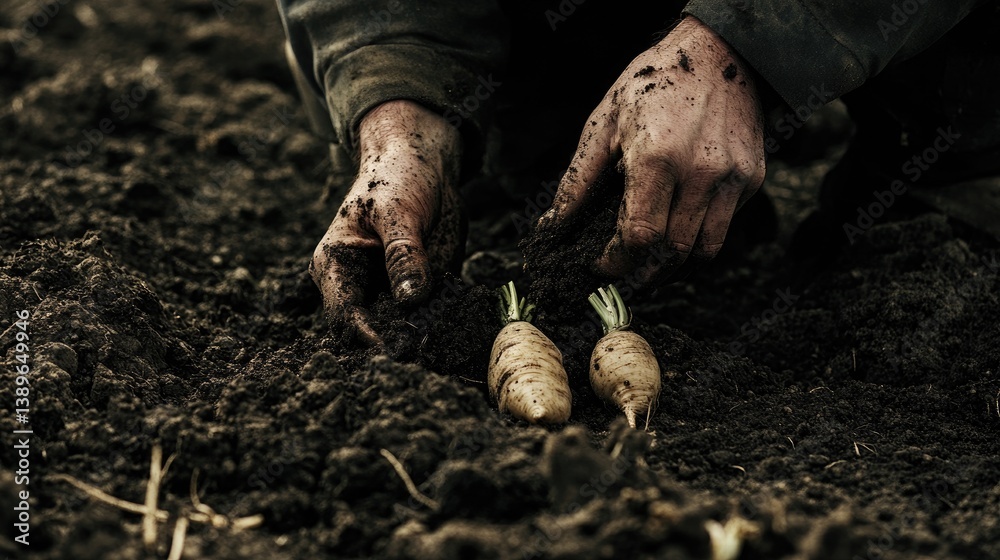 Obraz premium Close-Up of Hands Planting Fresh Radishes in Dark Soil During Organic Gardening in Nature