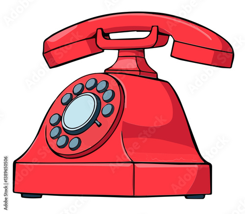 Cartoon illustration of a vintage red rotary telephone