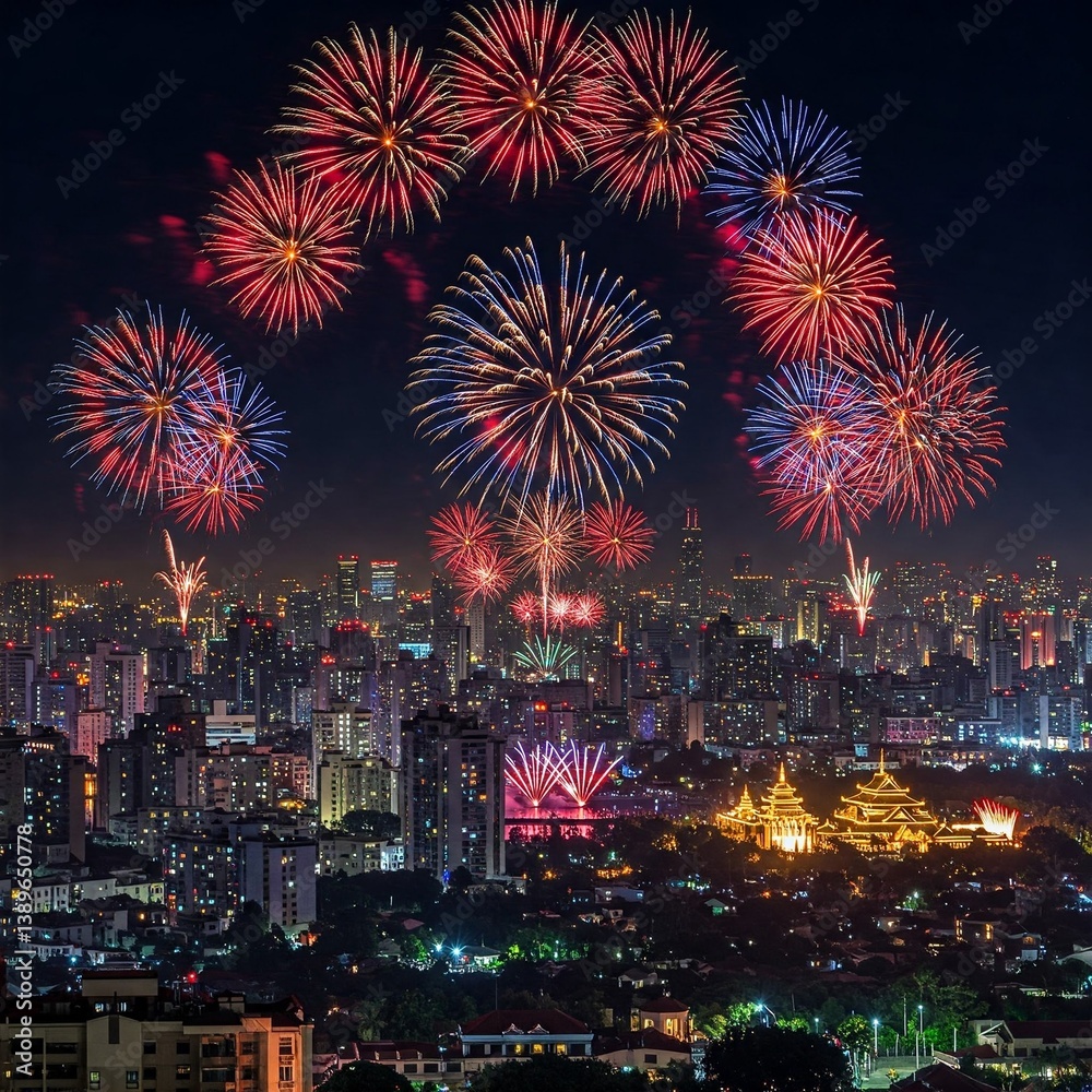 Fireworks over a cityscape celebrating a festival, lighting up the sky in bursts of joy. Fireworks over a cityscape celebrating a festival, lighting up the sky in bursts of joy.