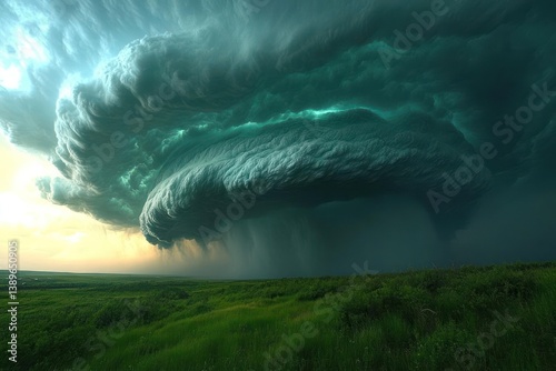 Massive storm cloud over a grassy plain photo