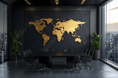 A large, dark gray wall in the background of an office space with a black conference table and chairs. A gold world map hangs above it.