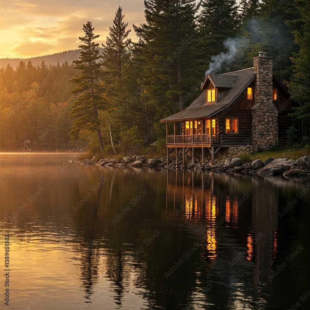 Fototapeta premium A lakeside cabin with glowing windows, smoke curling from chimney, and calm waters reflecting golden sunset.