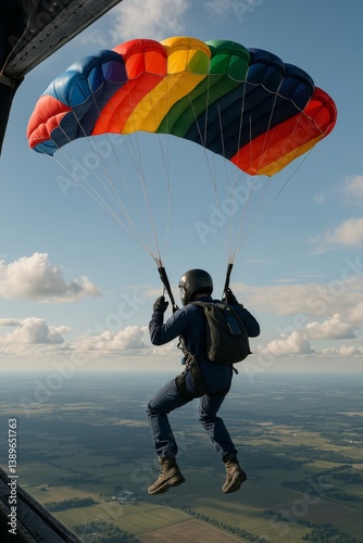 Colorful Parachute Descent Over Expansive Green Fields During Clear Sky