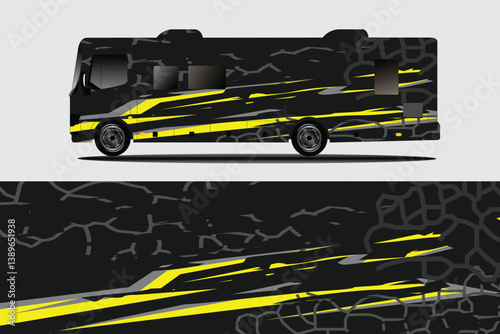 Sleek black and yellow RV design showcasing modern graphics and patterns on a minimalist background