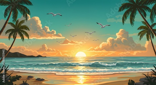 Tranquil Tropical Sunset: Palm-Framed Ocean Vista with Soaring Seagulls