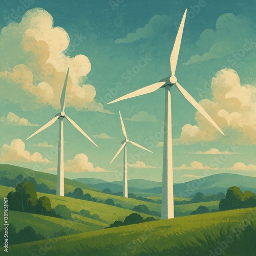 Energy Generation From Wind Turbines in a Scenic Landscape Under a Clear Sky