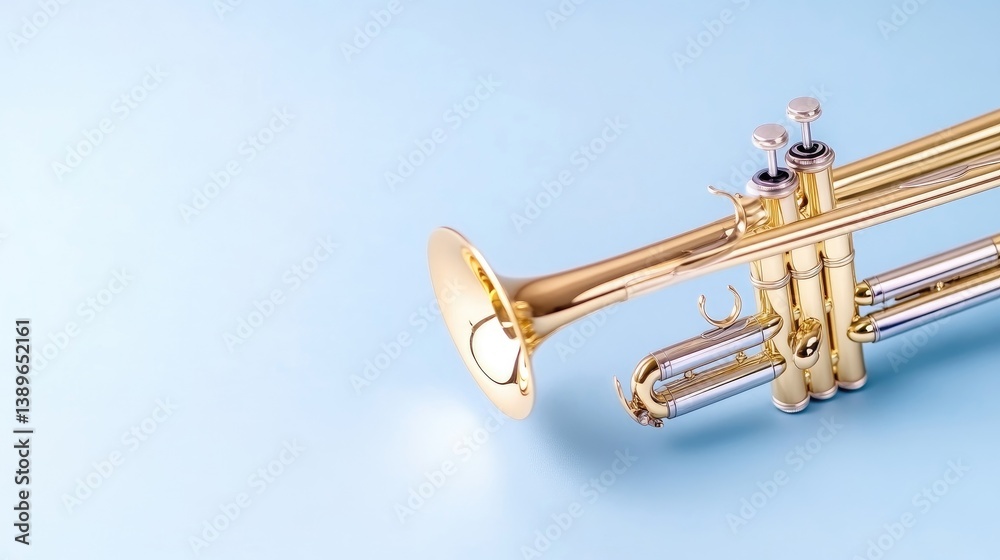 Obraz premium Trumpet on Blue Background Minimalist Style High-Resolution, Close-up angled view, Brass instrument detail, Ready to play concept, Pastel blue backdrop, Golden hue mood, Ideal for music promotion