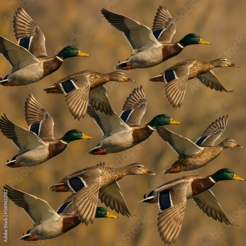 Ducks in Flight Over a Serene Landscape During Early Morning Light