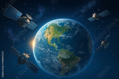 Satellites Orbiting Earth Over the Americas at Dawn Showcasing Advanced Techn...