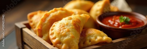 Close-up shot of several golden-brown empanadas arranged in a wooden crate with a small bowl of fiery sauce , culinary art, flavor