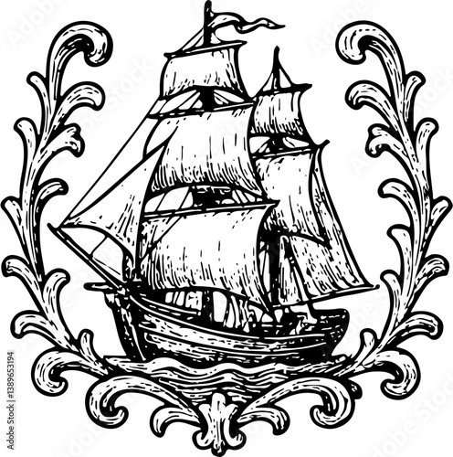 Nautical ornament. Old sailing ship. Vintage illustration	