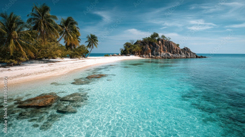 Fototapeta premium A tropical beach scene shows a pristine white sand beach, turquoise waters, palm trees, and a rocky islet under a bright blue sky. Paradise!