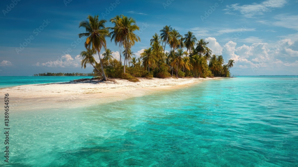 Fototapeta premium Tropical paradise: pristine beach, turquoise water, and swaying palms create an idyllic island getaway. Serene scene of relaxation and beauty.