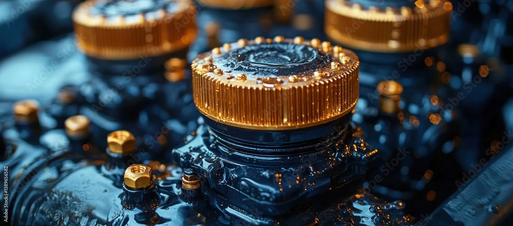 Close-up of a detailed engine with gold and blue components, showing intricate mechanical parts. Close-up of a detailed engine with gold and blue components, showing intricate mechanical parts.
