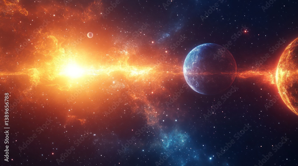 Obraz premium Stunning depiction of cosmic event featuring two planets in a vibrant galaxy