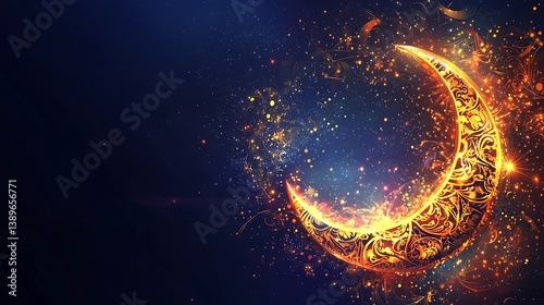 A golden illuminated crescent moon amongst stardust in a dark space