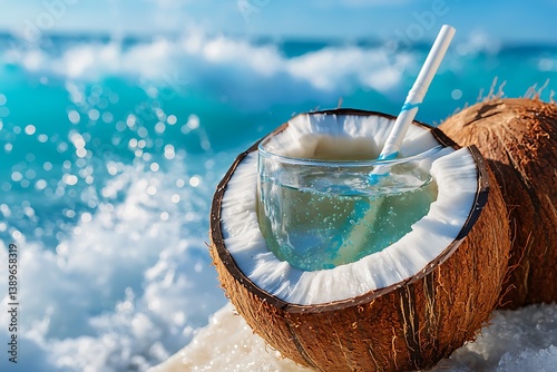 A coconut drink with a straw sits near the ocean waves
