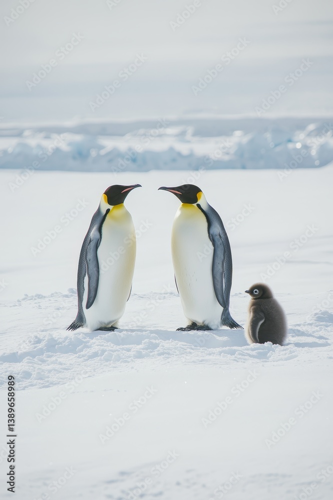 Fototapeta premium Two Emperor Penguins Standing with Chick in Snow, Side View, High-Definition Photography