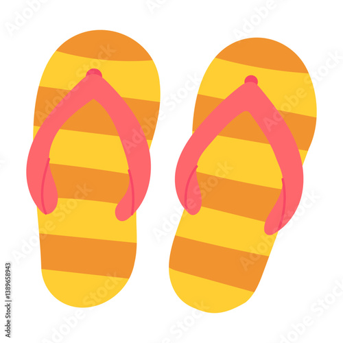 A pair of flip flops with a pink stripe on the side. The flip flops are yellow and orange