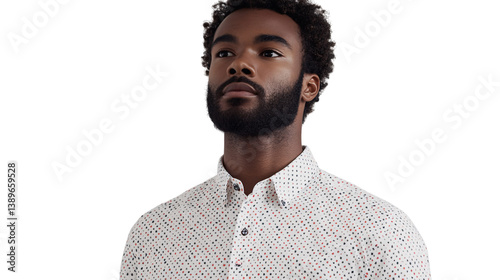 Poplin shirt with subtle print, placed neatly, buttons and collar visible - white background --ar 16:9
