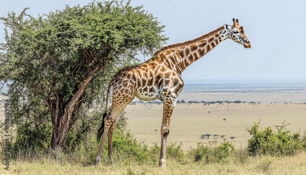 Graceful Giraffe Standing Near Green Tree on African Savannah Plain Under Clear Sky In Natural Habitat Wild Animal Wildlife Observation and Travel Destination Graceful Giraffe Standing Near Green Tree on African Savannah Plain Under Clear Sky In Natural Habitat Wild Animal Wildlife Observation and Travel Destination
