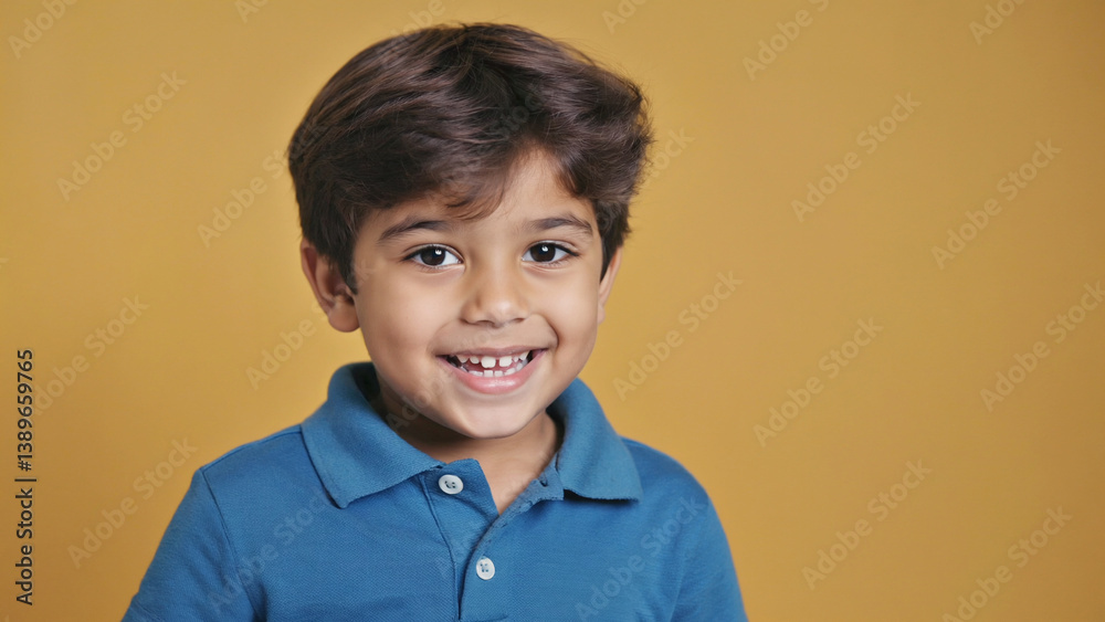 A happy young boy smiling directly into the camera, wearing a bright blue shirt