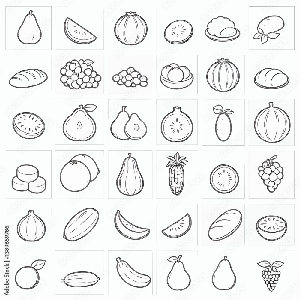 Monochrome line food icons in a uniform grid of fruits and vegetables Monochrome line food icons in a uniform grid of fruits and vegetables