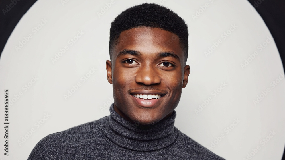 A man wearing a turtle neck sweater smiles directly at the camera, conveying confidence and approachability