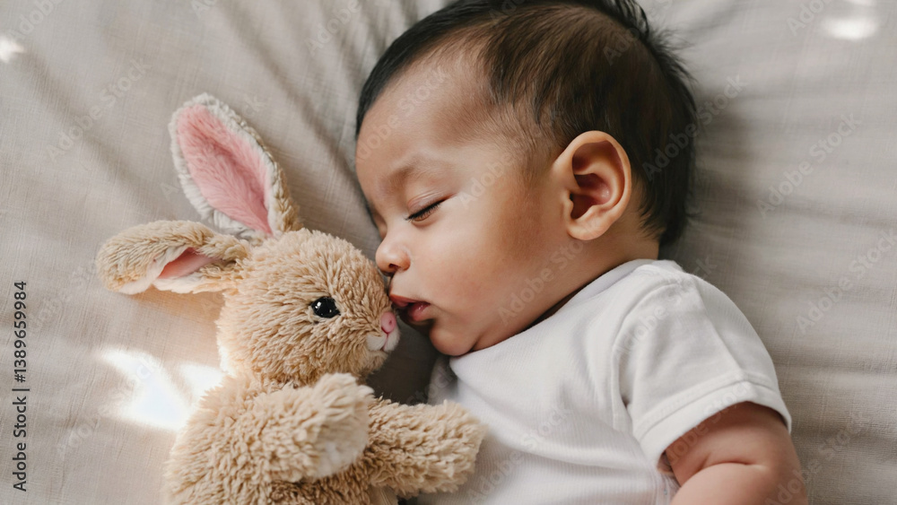 A baby lying next to a soft toy, perfect for family or nursery scenes