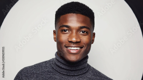 A man wearing a turtle neck sweater smiles directly at the camera, conveying confidence and approachability