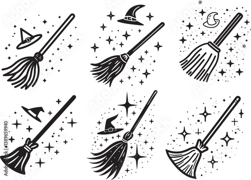 Witch's magic broom icon linear black on white background