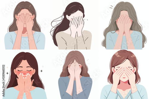 vector of a woman smiling shyly with her hands covering her face
