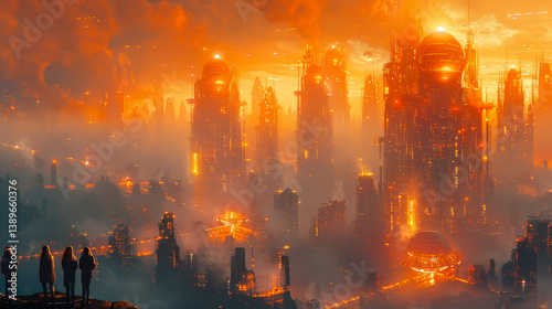 Futuristic Night Cityscape with People at Teleport Station, Digital Art Painting, Sci-Fi Metropolis, Neon Lights, High-Tech Urban Environment, Imaginative Nightlife, Technological Advancement Theme