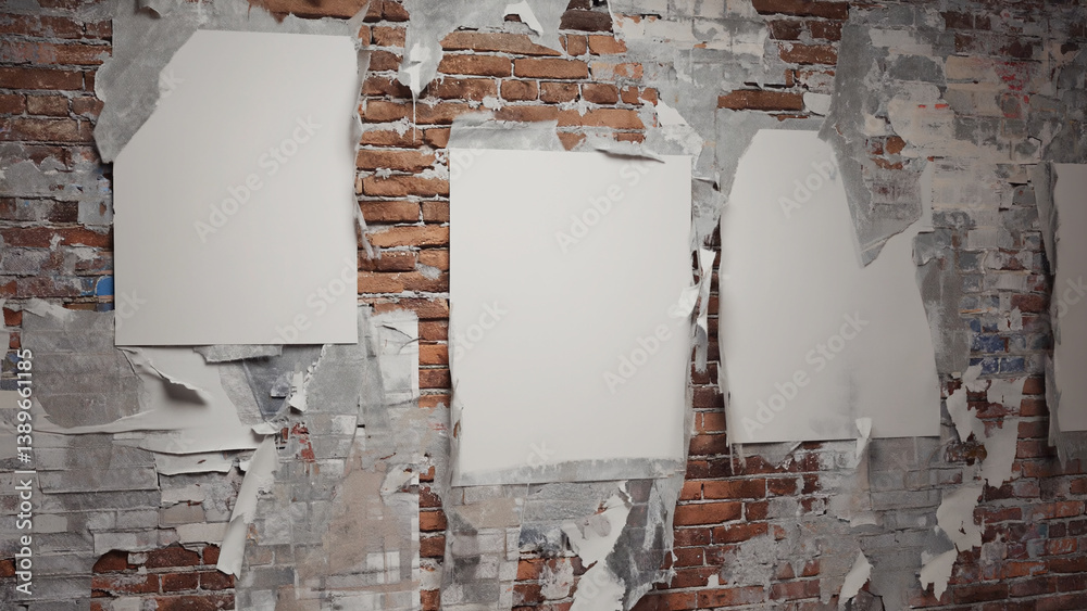 Three empty picture frames hang on a brick wall